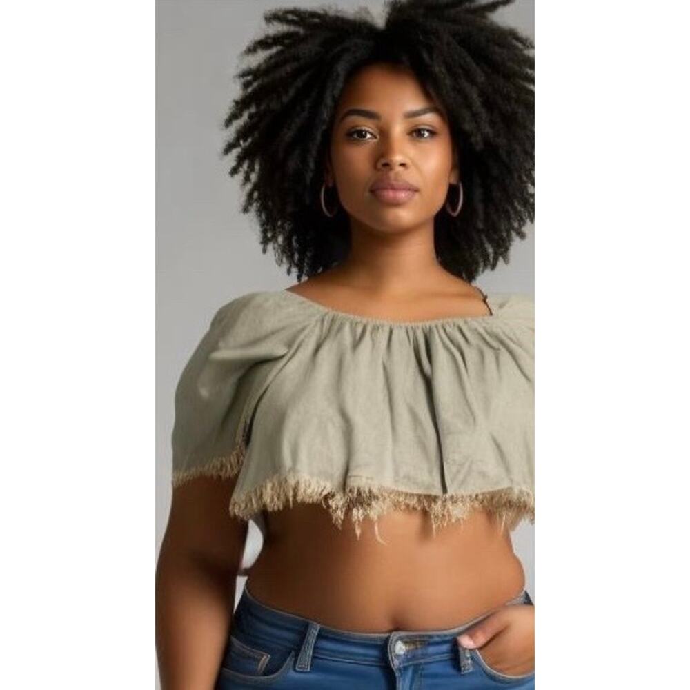 Fashion Nova 2XL Denim Fringe‎ Off-the-Shoulder Distressed Crop Top – Blue
